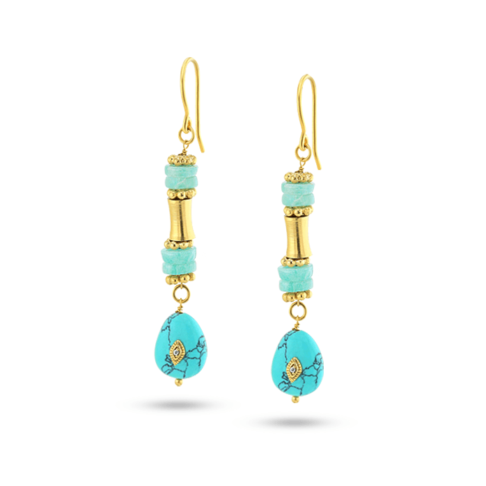 Boucles d'oreilles dorées Or jaune 18k assemblées de Turquoise, Amazonite et Oxyde de zirconium - Maison Di Giorgio