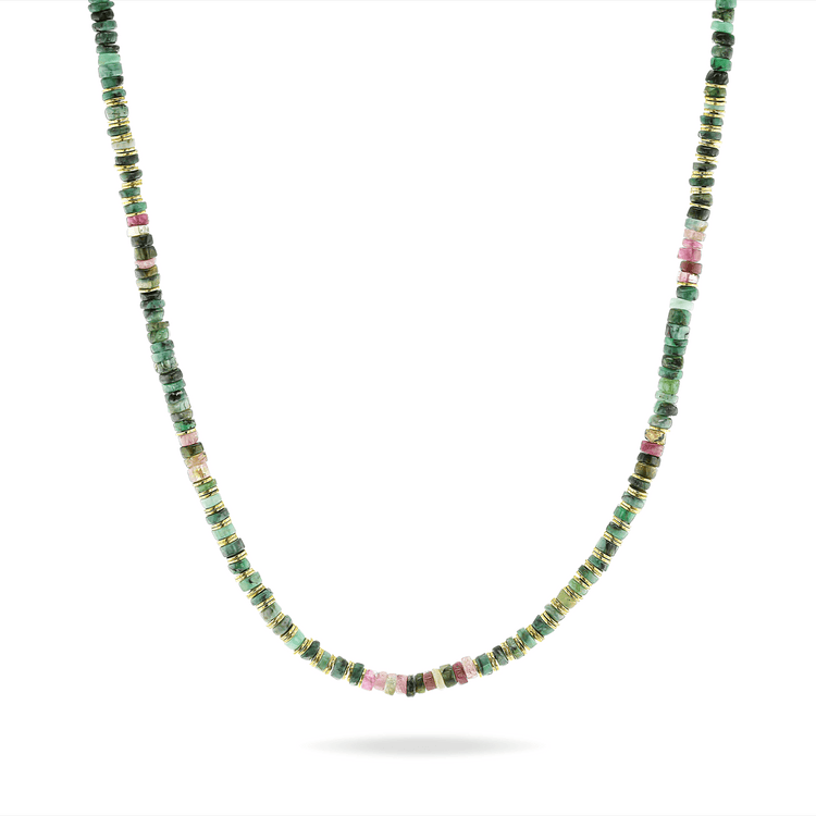 Collier perles doré Or jaune 18k, Émeraude, Tourmalines multicolores - Maison Di Giorgio