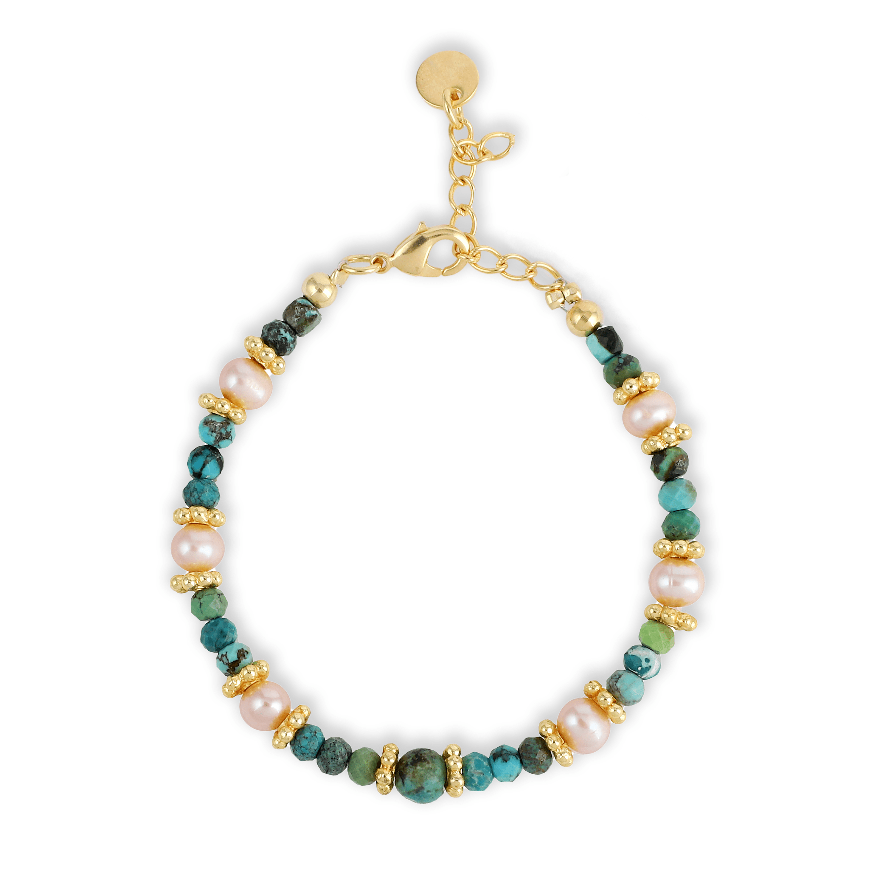 Bracelet perles doré Or jaune 18k assemblé de Turquoise et Perle d'eau douce - Maison Di Giorgio