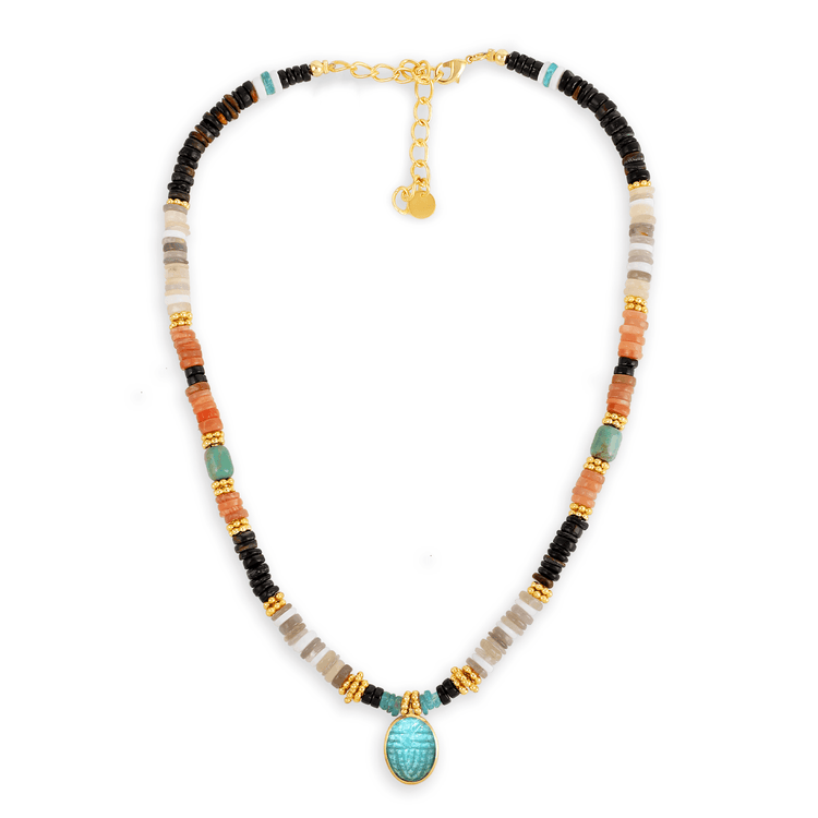 Collier perles doré Or jaune 18k, Oeil de tigre, Agate, Aventurine, Turquoise, Onyx et Apatite - Maison Di Giorgio