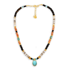 Collier perles doré Or jaune 18k, Oeil de tigre, Agate, Aventurine, Turquoise, Onyx et Apatite - Maison Di Giorgio