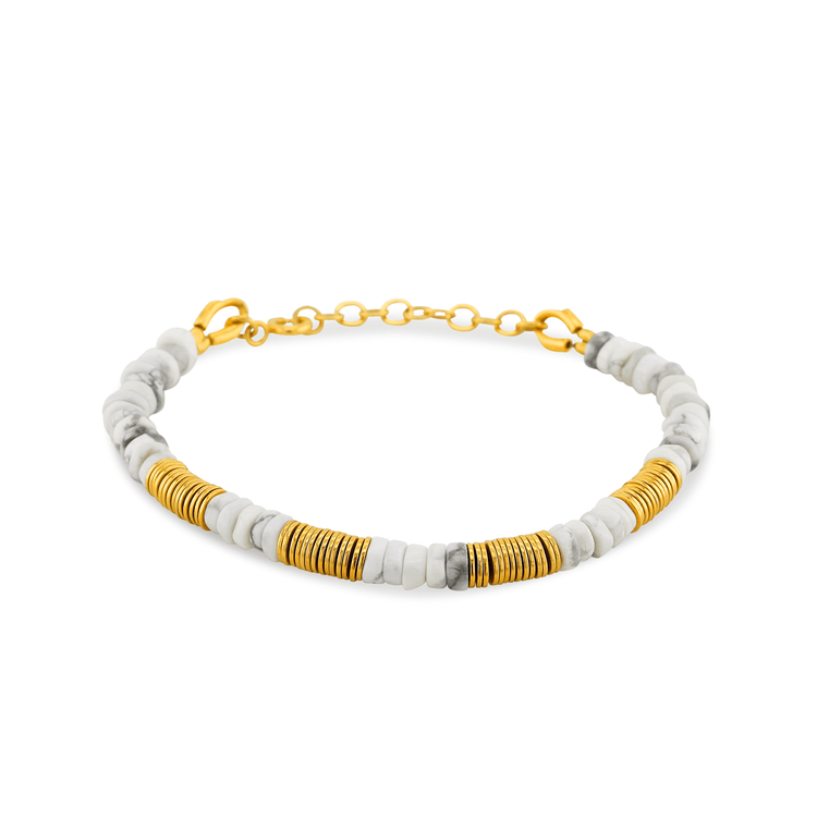 Bracelet perles doré Or jaune 18k assemblé de howlite blanche - Maison Di Giorgio