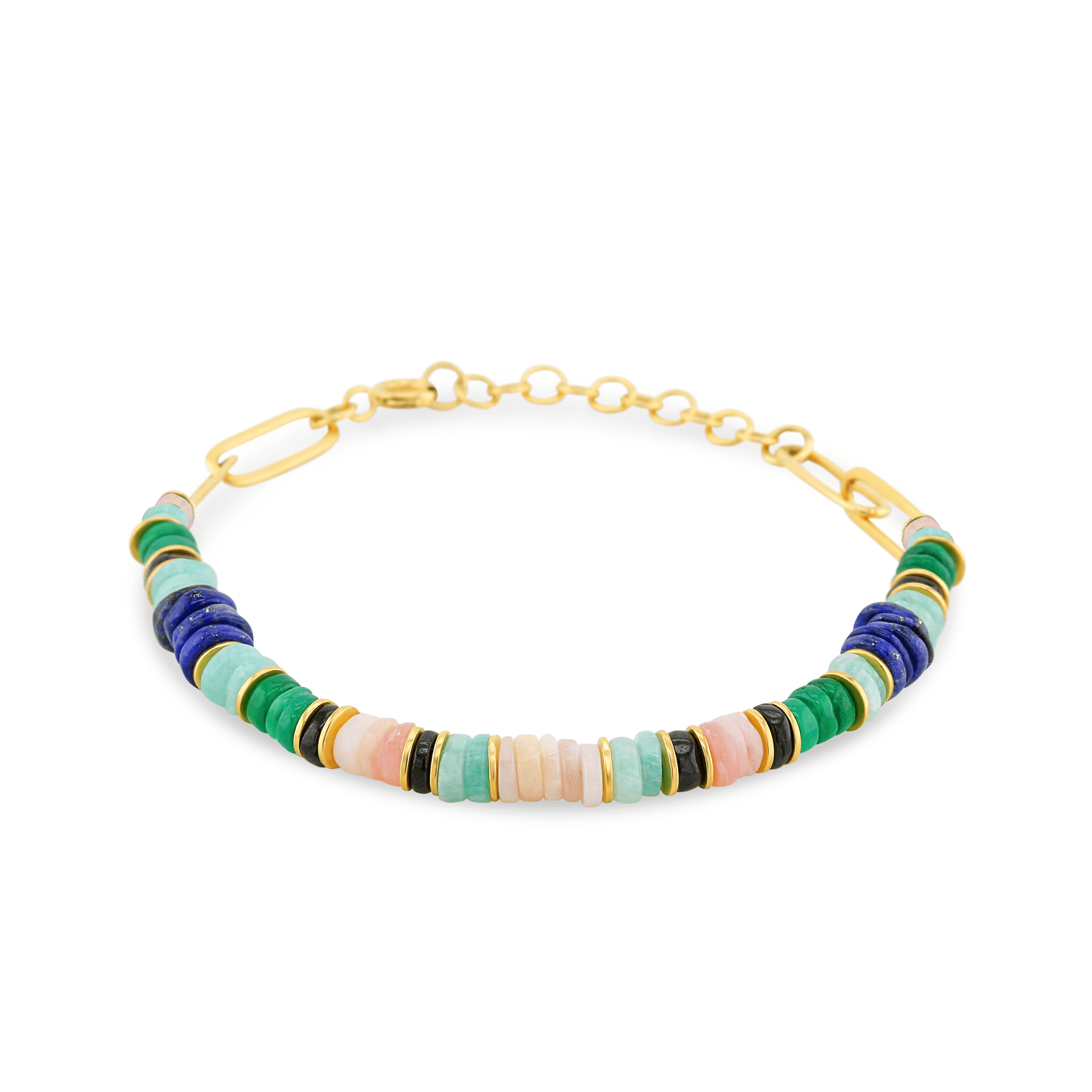 Bracelet perles doré Or jaune 18k assemblé d'onyx vert, amazonite et lapis - lazuli - Maison Di Giorgio