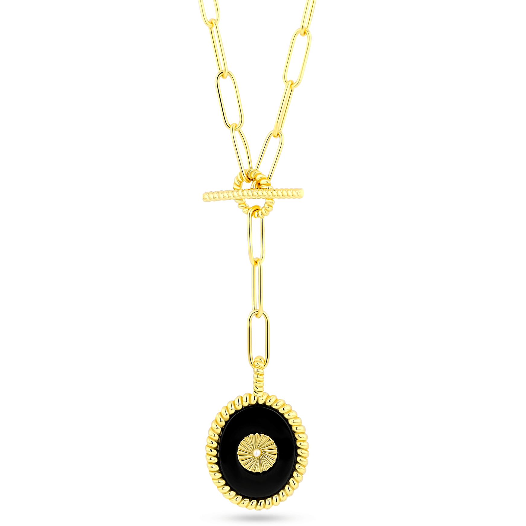 Collier doré Or jaune 18k assemblé d'onyx noir et perle - Maison Di Giorgio