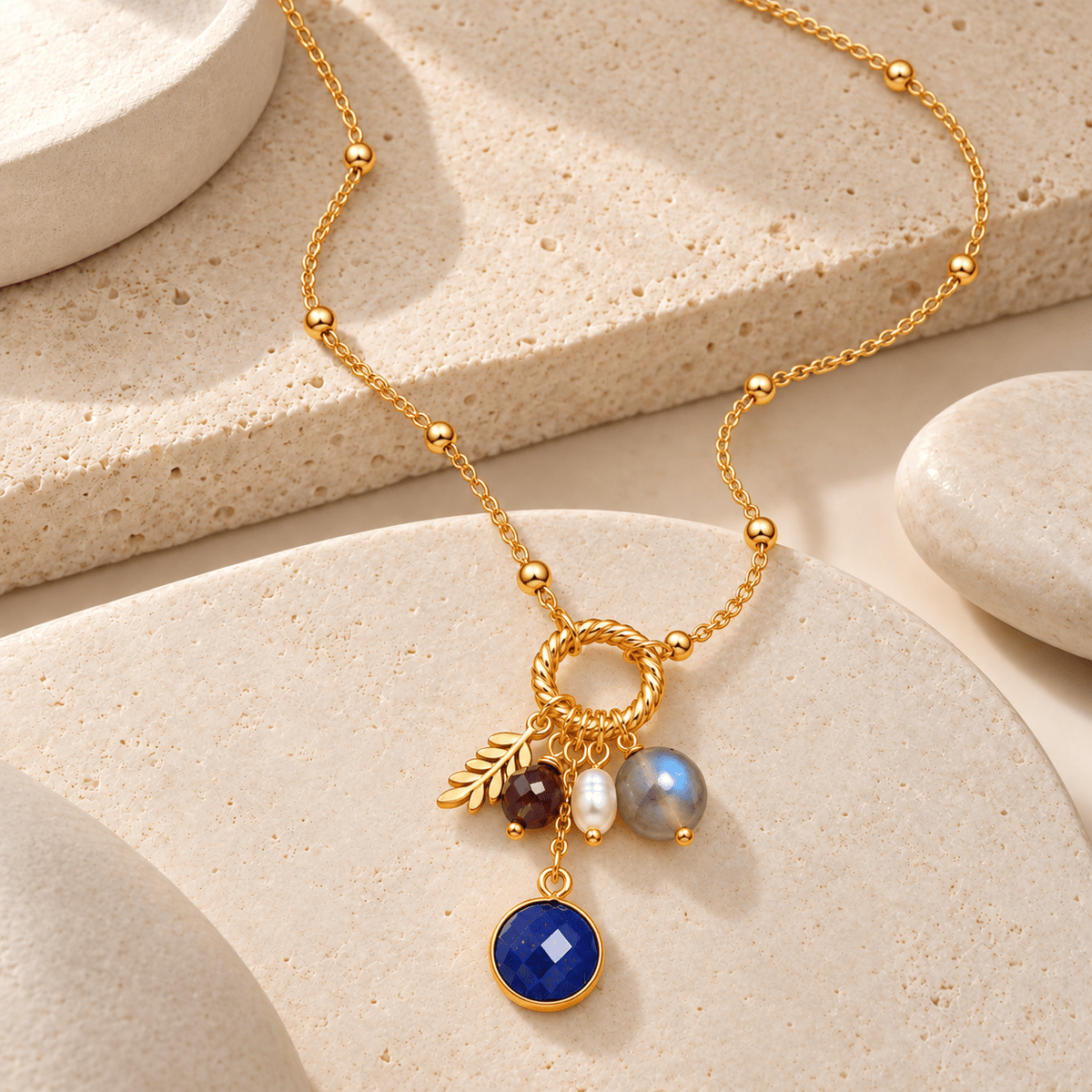 Collier - Doré Or jaune 18k, Lapis lazuli, Pyrite, Labradorite, Perle d'eau douce - Maison Di Giorgio