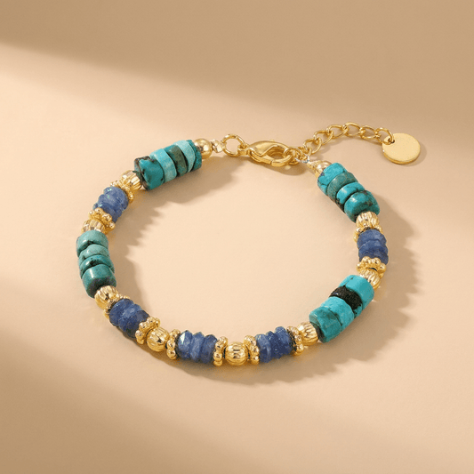Bracelet perles doré Or jaune 18k assemblé de turquoise et cyanite - Maison Di Giorgio
