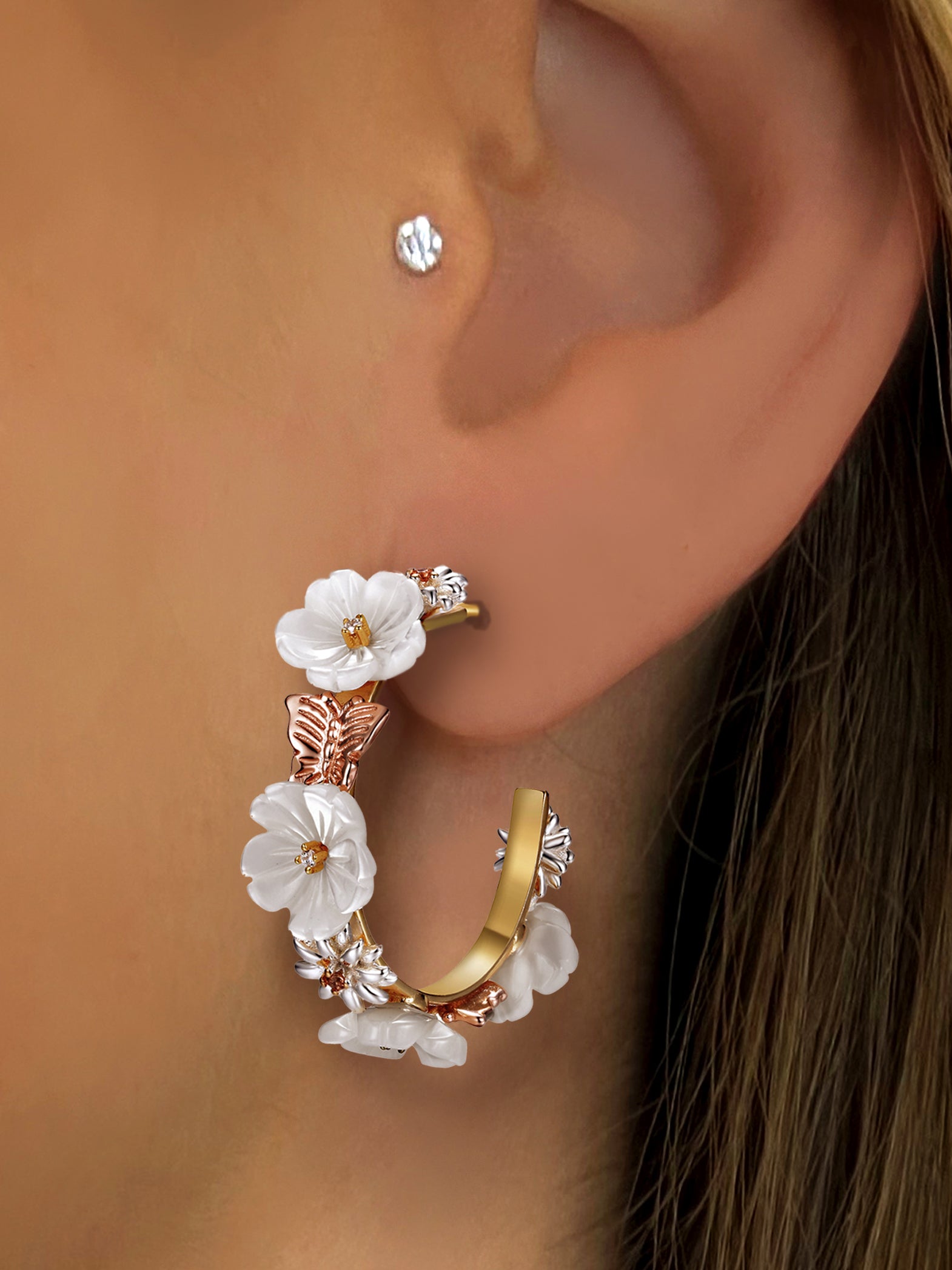 Boucles d'oreilles en Argent 925 doré Or jaune et rose 18k assemblées de Nacre, Champagne et d'Oxyde de zirconium