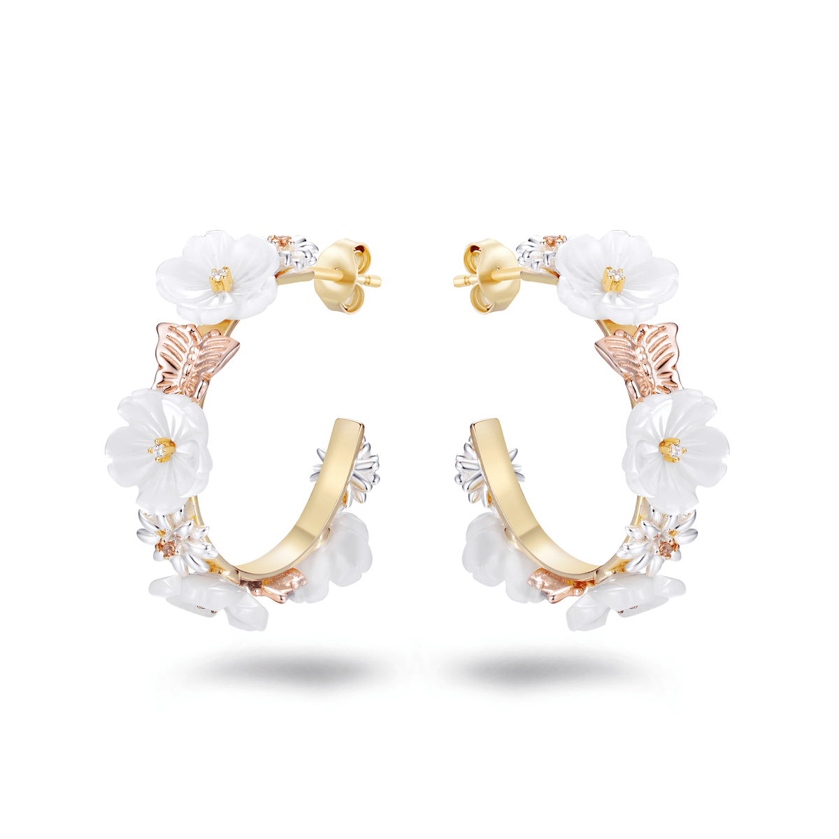 Boucles d'oreilles en Argent 925 doré Or jaune et rose 18k assemblées de Nacre, Champagne et d'Oxyde de zirconium