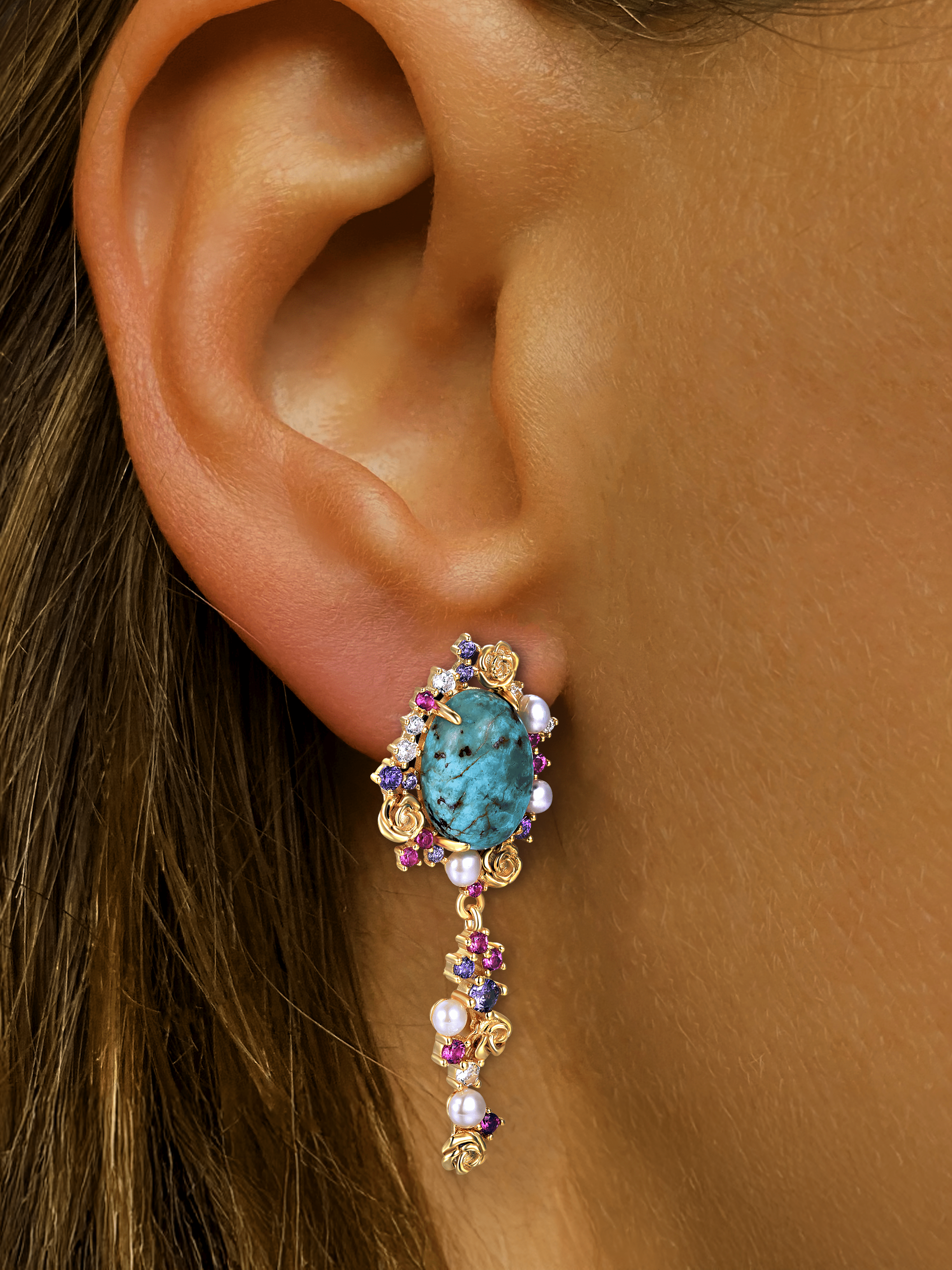 Boucles d'oreilles en Argent 925 doré Or jaune 18k assemblées de Turquoise, Perle d'eau douce et d'Oxyde de zirconium - Maison Di Giorgio