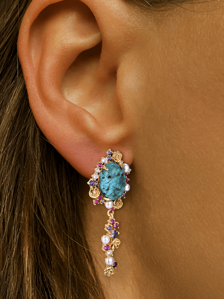Boucles d'oreilles en Argent 925 doré Or jaune 18k assemblées de Turquoise, Perle d'eau douce et d'Oxyde de zirconium - Maison Di Giorgio
