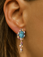 Boucles d'oreilles en Argent 925 doré Or jaune 18k assemblées de Turquoise, Perle d'eau douce et d'Oxyde de zirconium - Maison Di Giorgio