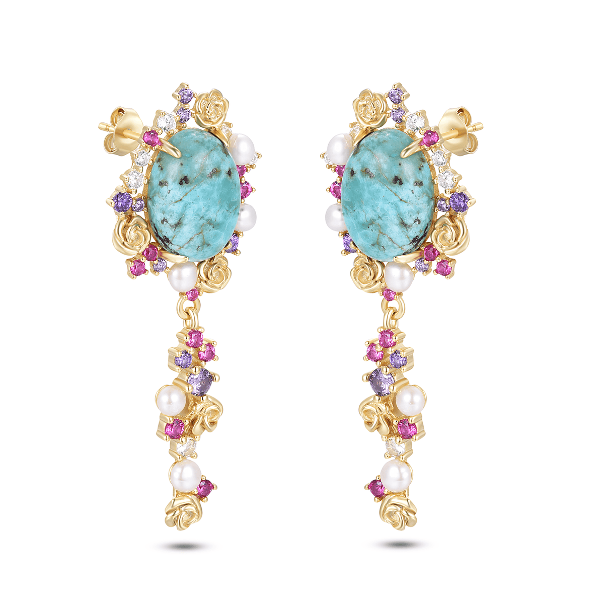 Boucles d'oreilles en Argent 925 doré Or jaune 18k assemblées de Turquoise, Perle d'eau douce et d'Oxyde de zirconium - Maison Di Giorgio