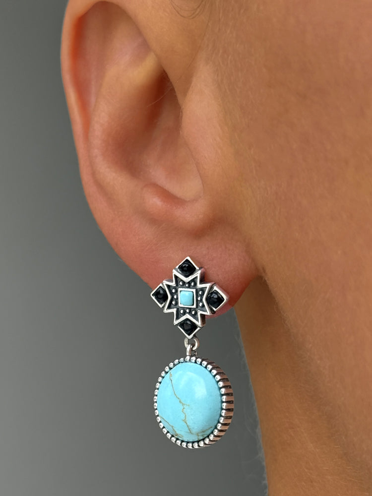 Boucles d'oreilles en Argent 925 oxydé assemblées de Turquoise et d'Onyx noir - Maison Di Giorgio