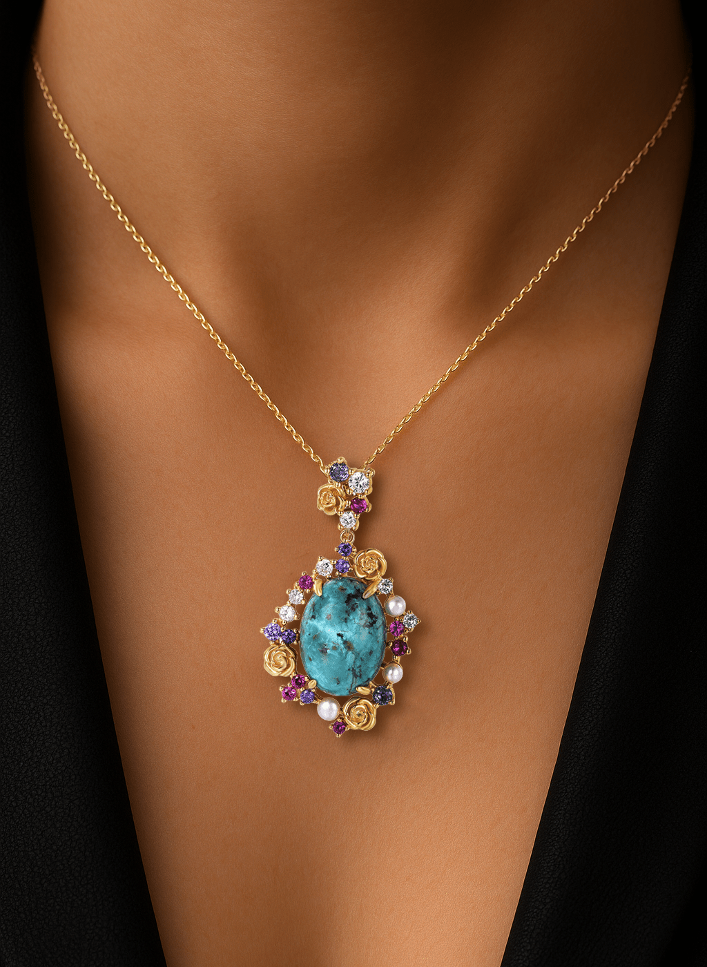 Collier en Argent 925 doré Or jaune 18k assemblé de Turquoise, Perle d'eau douce et Oxyde de zirconium - Maison Di Giorgio