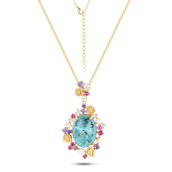 Collier en Argent 925 doré Or jaune 18k assemblé de Turquoise, Perle d'eau douce et Oxyde de zirconium - Maison Di Giorgio