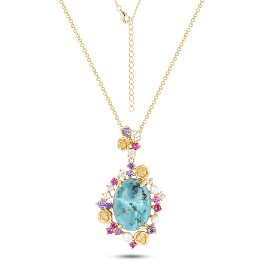 Collier en Argent 925 doré Or jaune 18k assemblé de Turquoise, Perle d'eau douce et Oxyde de zirconium - Maison Di Giorgio