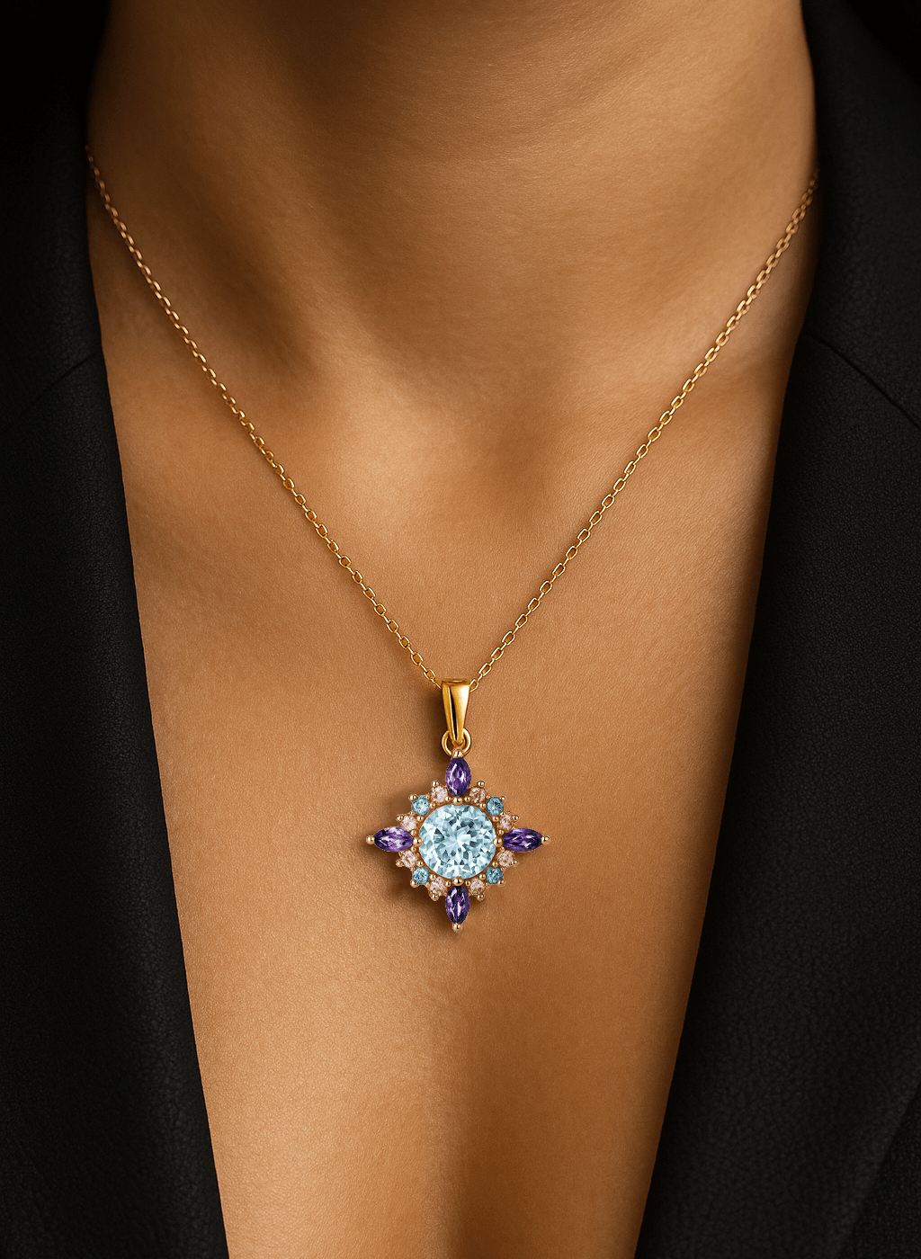 Collier en Argent 925 doré Or jaune 18k assemblé de Topaze bleu ciel et d'Oxyde de zirconium - Maison Di Giorgio