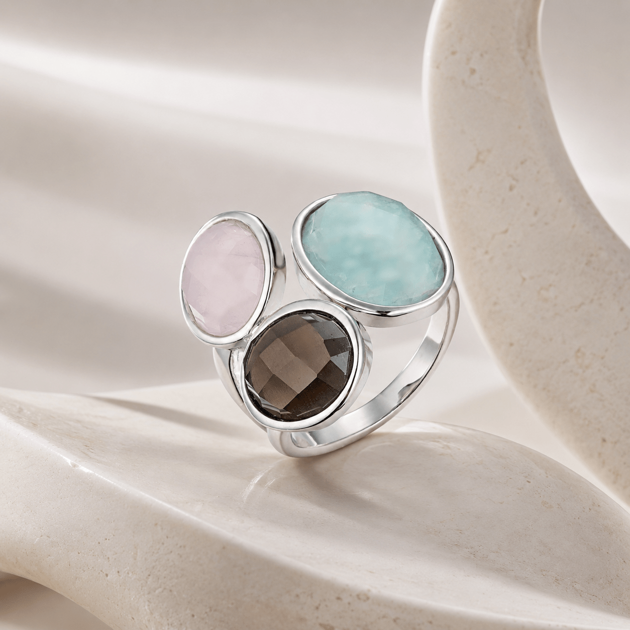 Bague - Argent 925 plaqué Rhodium, Calcédoine et Quartz - Maison Di Giorgio