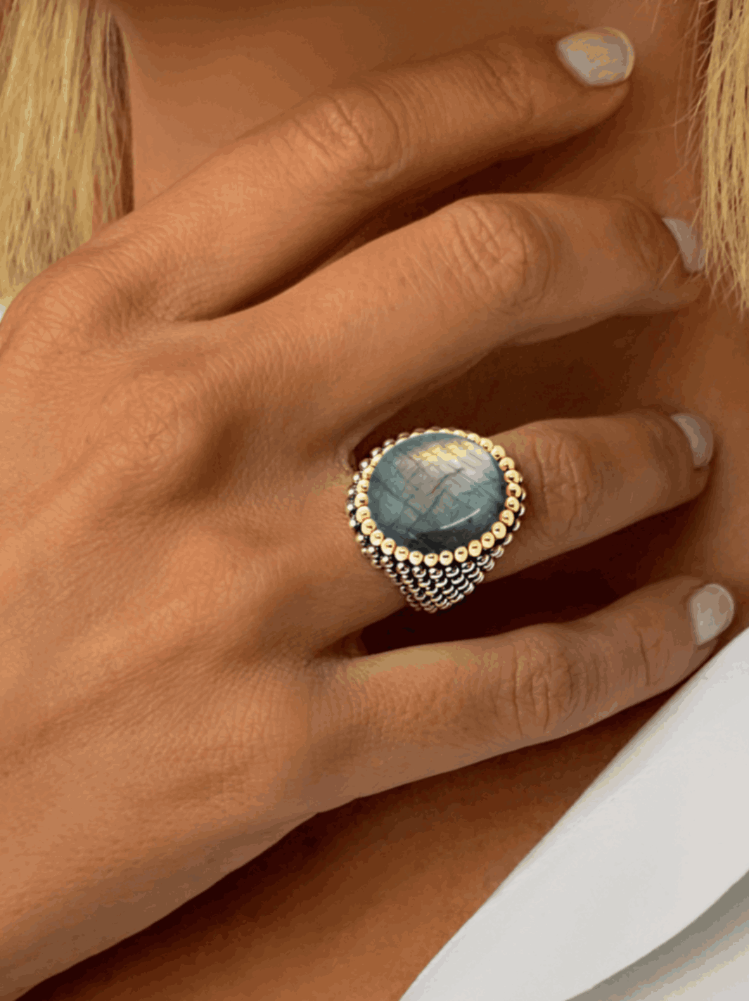Bague en Argent 925 partiellement doré Or jaune 18k assemblée de labradorite - Maison Di Giorgio