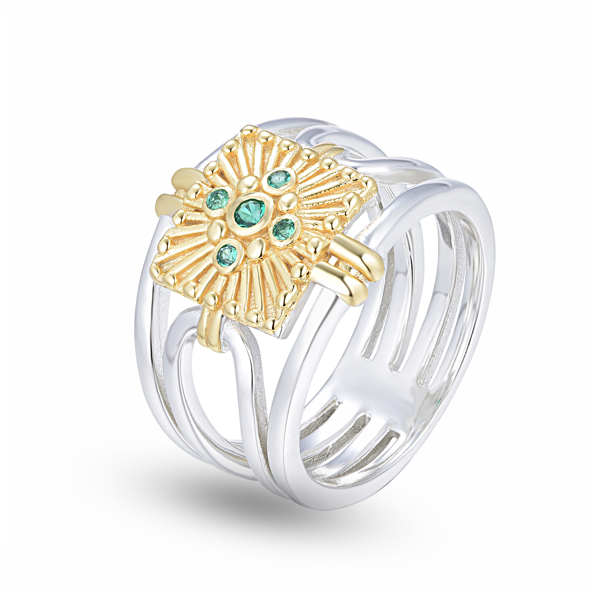 Bague en Argent 925 plaqué Argent et Or jaune 18k assemblée d'Émeraude