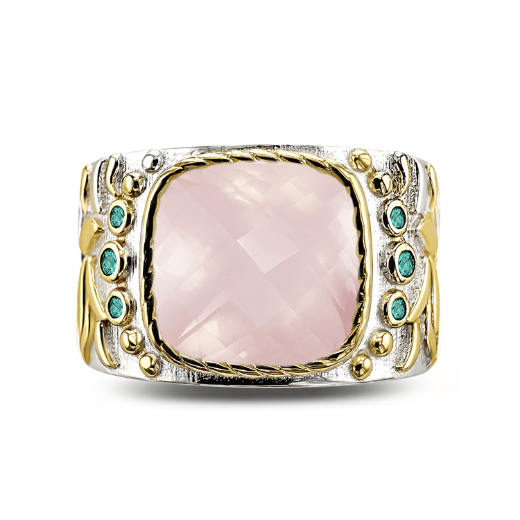 Bague en Argent 925 partiellement doré Or jaune 18k et assemblée de Quartz rose et Oxyde de zirconium émeraude - Maison Di Giorgio