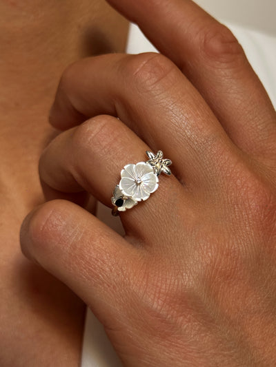 Bague Ancienne En Argent Massif 925 Et Nacre - Taille 56, Style Vintage, Neuf De Stock