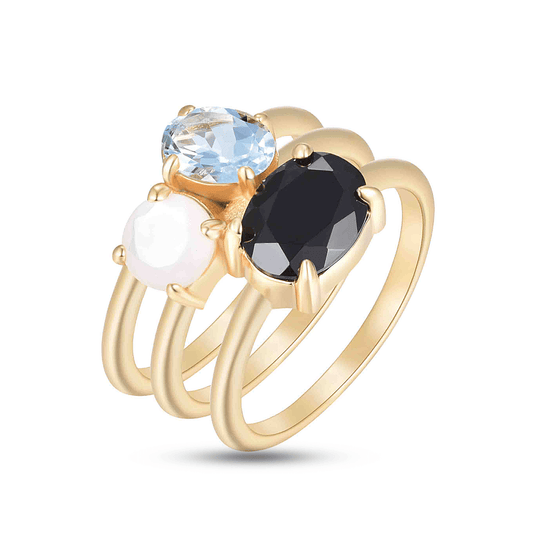 Bague en Argent 925 doré Or jaune 18k assemblée de Topaze bleu ciel, de Nacre et d'Onyx noir - Maison Di Giorgio
