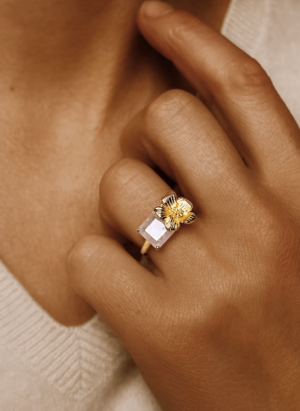 Bague en Argent 925 doré Or jaune 18k assemblée de Quartz rose - Maison Di Giorgio