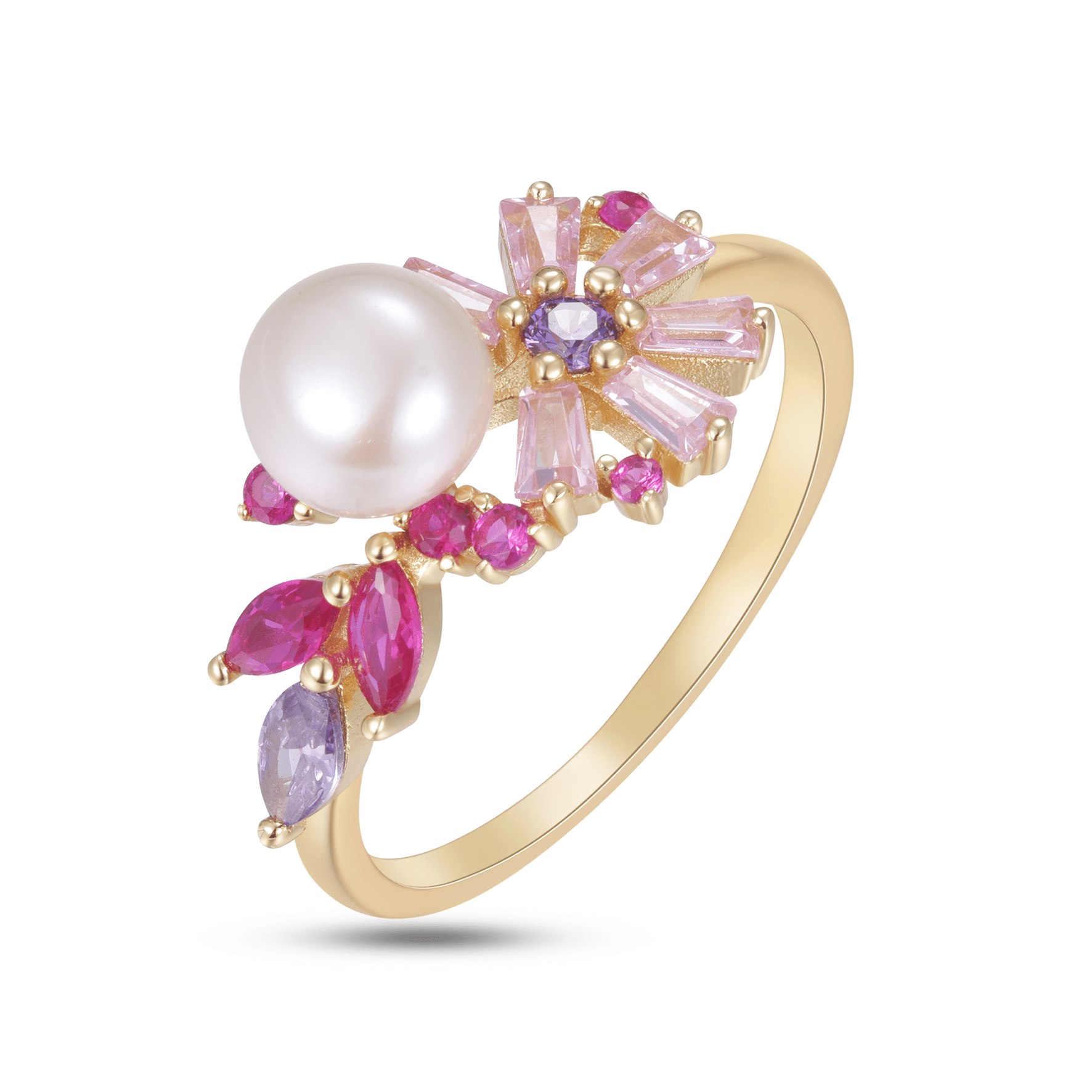 Bague en Argent 925 doré Or jaune 18k assemblée de Perle d'eau douce et d'Oxyde de zirconium - Maison Di Giorgio