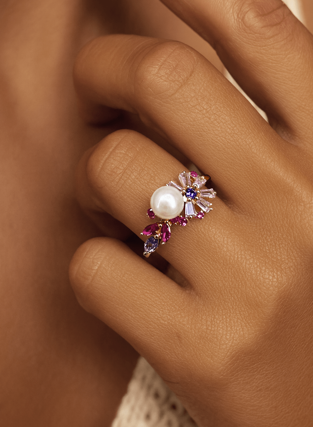 Bague en Argent 925 doré Or jaune 18k assemblée de Perle d'eau douce et d'Oxyde de zirconium - Maison Di Giorgio