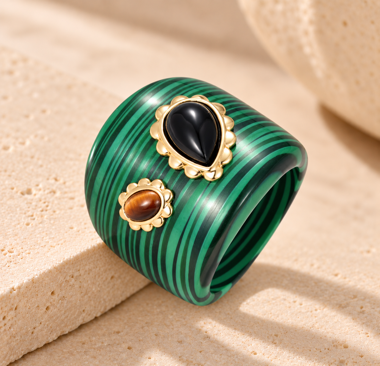Bague - Argent 925 doré Or jaune 18k, Malachite, Oeil de tigre et Onyx