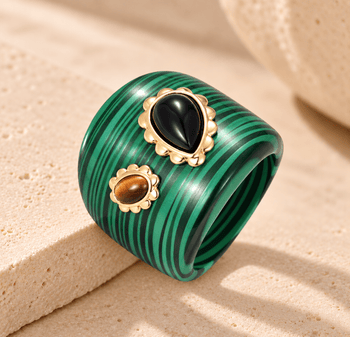 Bague - Argent 925 doré Or jaune 18k, Malachite, Oeil de tigre et Onyx - Maison Di Giorgio