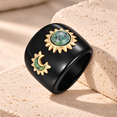 Bague - Argent 925 doré Or jaune 18k, Obsidienne, Turquoise