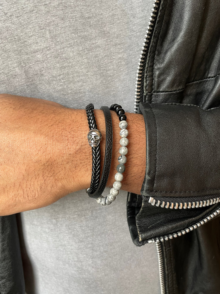 Bracelet cuir véritable et acier inoxydable plaqué Argent assemblé de pierre de lave - Maison Di Giorgio