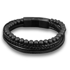 Bracelet cuir véritable et acier inoxydable plaqué rhodium assemblé de pierre de lave