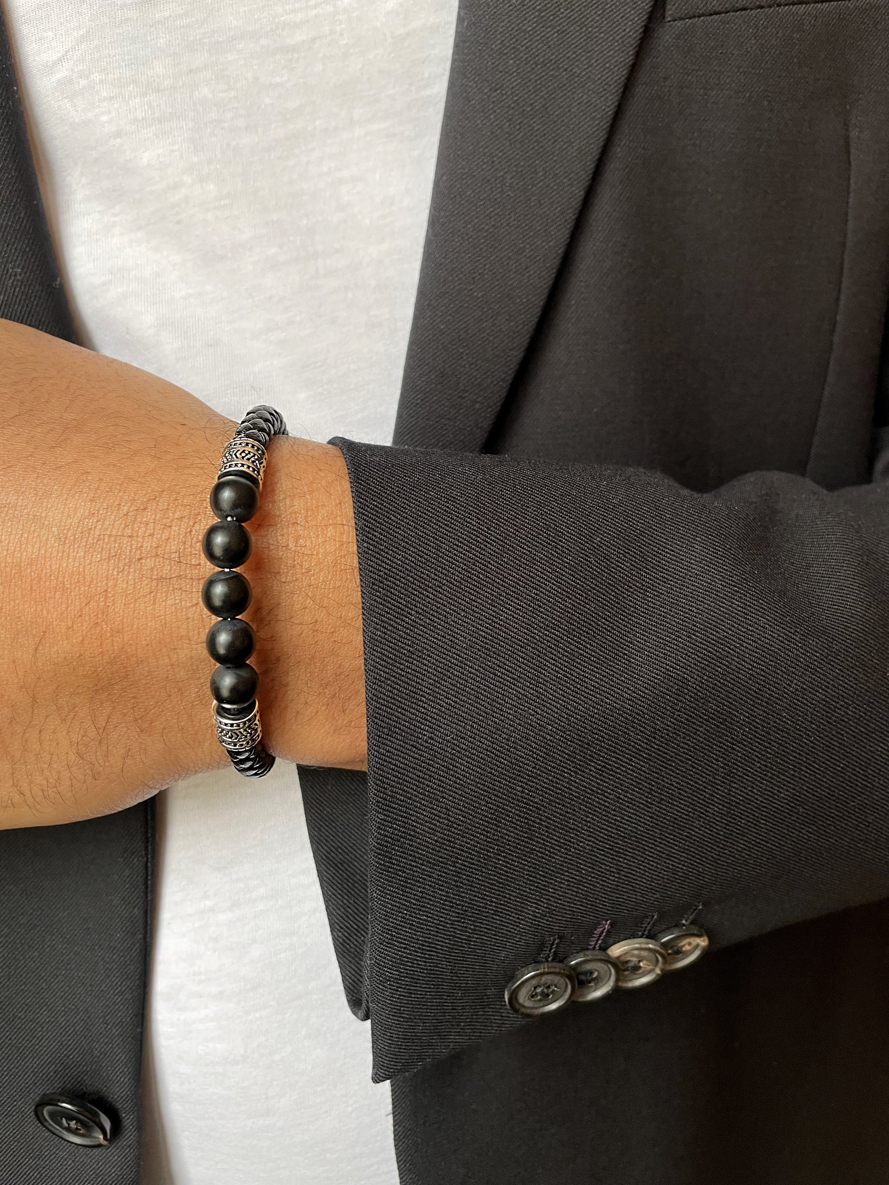 Bracelet cuir véritable et acier inoxydable plaqué argent assemblé d'agate mate - Maison Di Giorgio