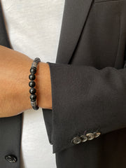 Bracelet cuir véritable et acier inoxydable plaqué argent assemblé d'agate mate - Maison Di Giorgio