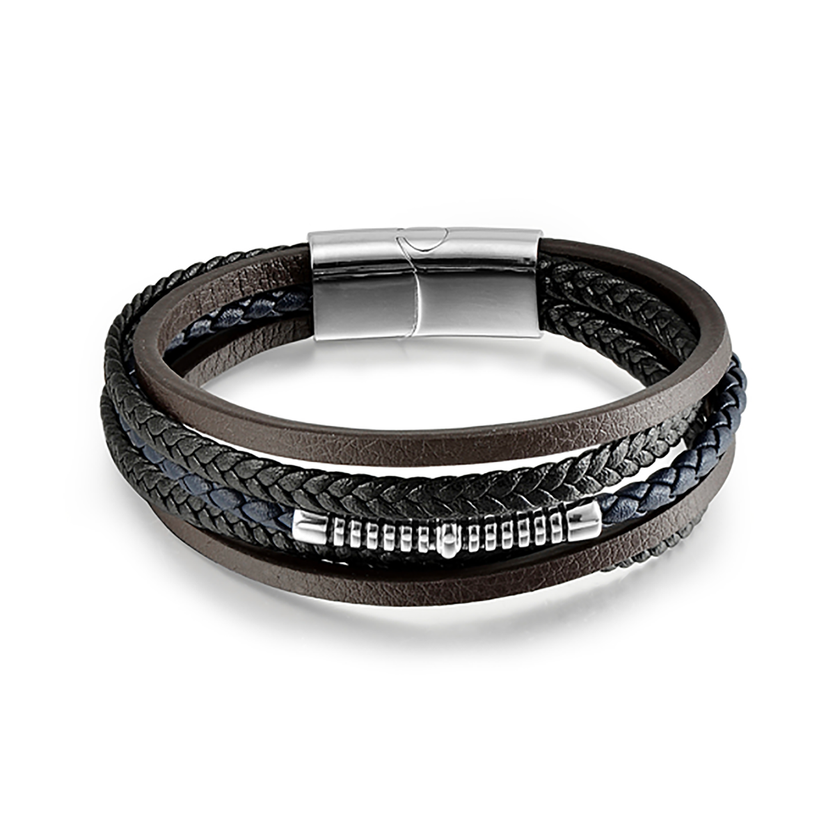 Bracelet cuir véritable et Acier inoxydable plaqué Argent