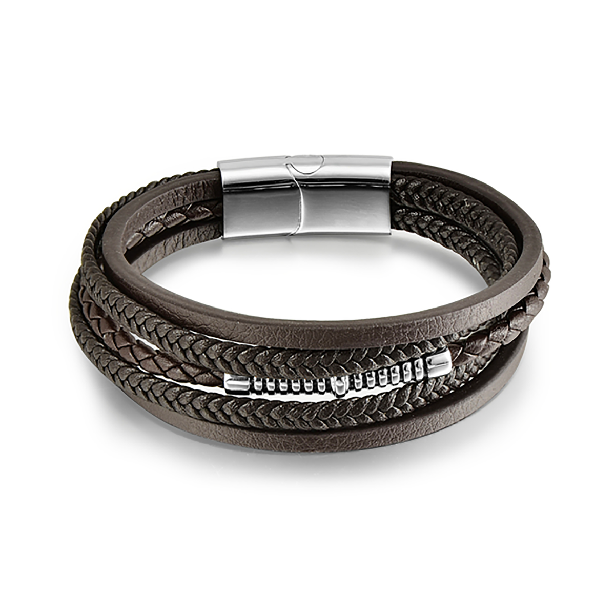 Bracelet cuir véritable et acier inoxydable plaqué Argent