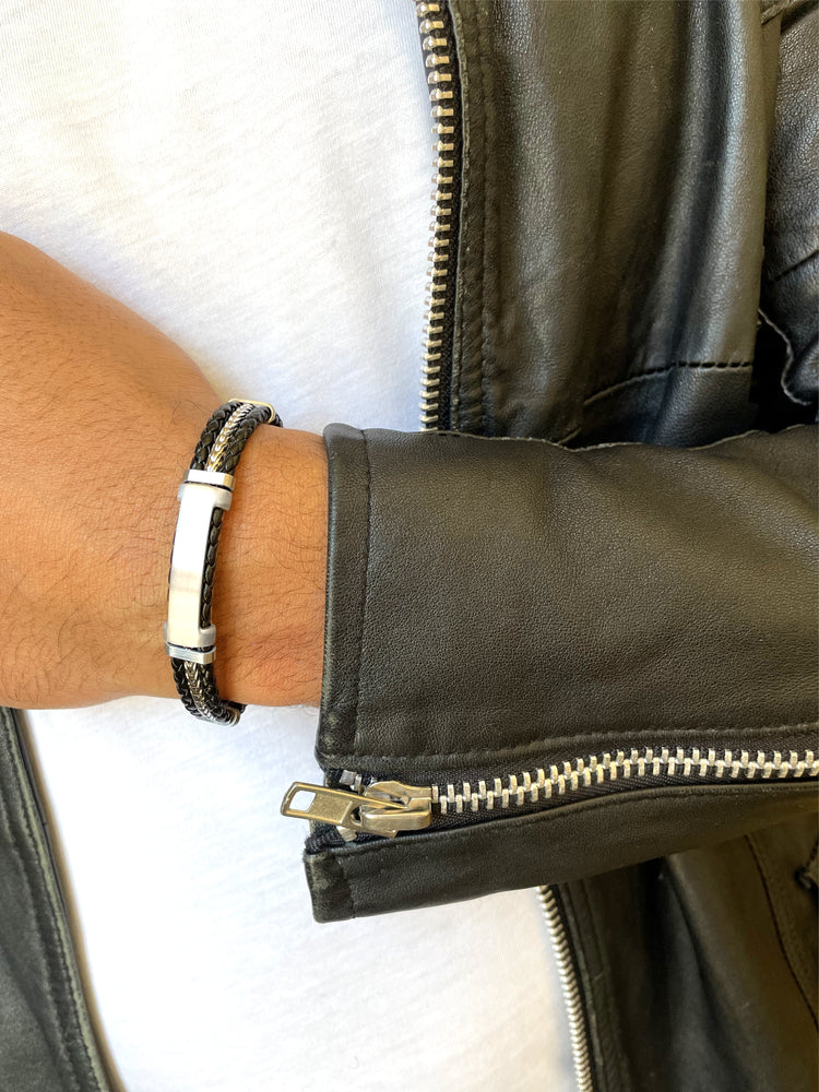 Bracelet cuir véritable et Acier inoxydable plaqué Argent - Maison Di Giorgio