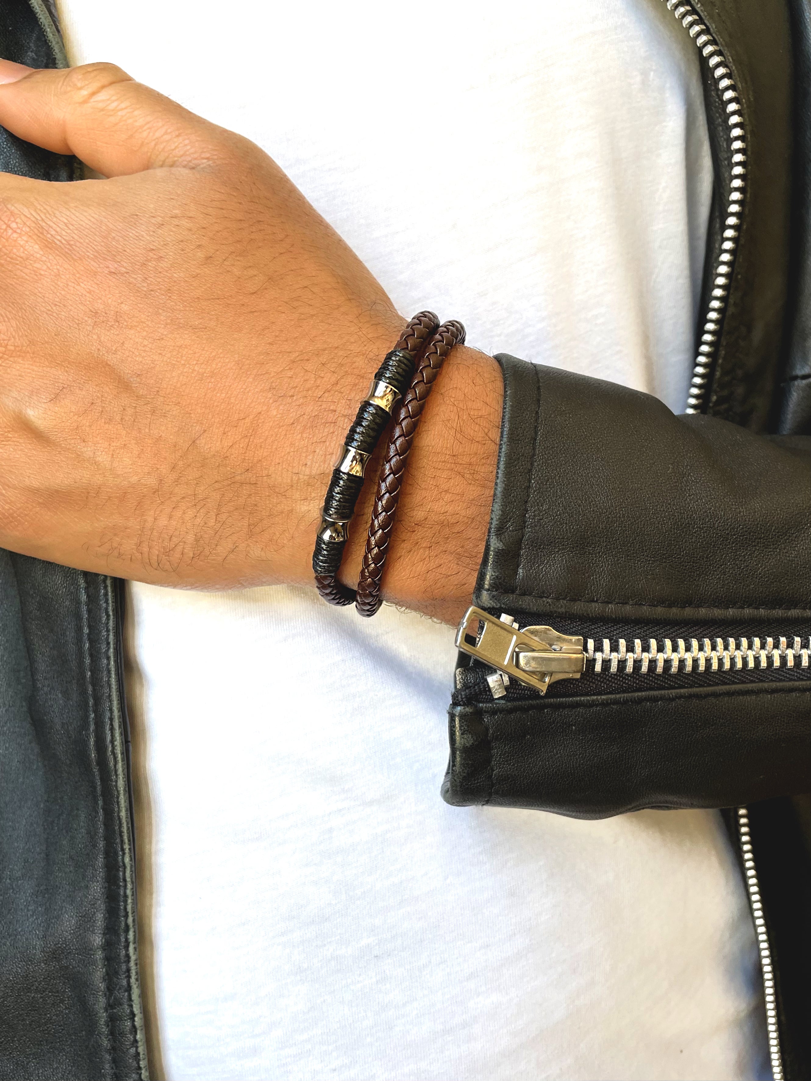 Bracelet cuir véritable et Acier inoxydable plaqué Argent