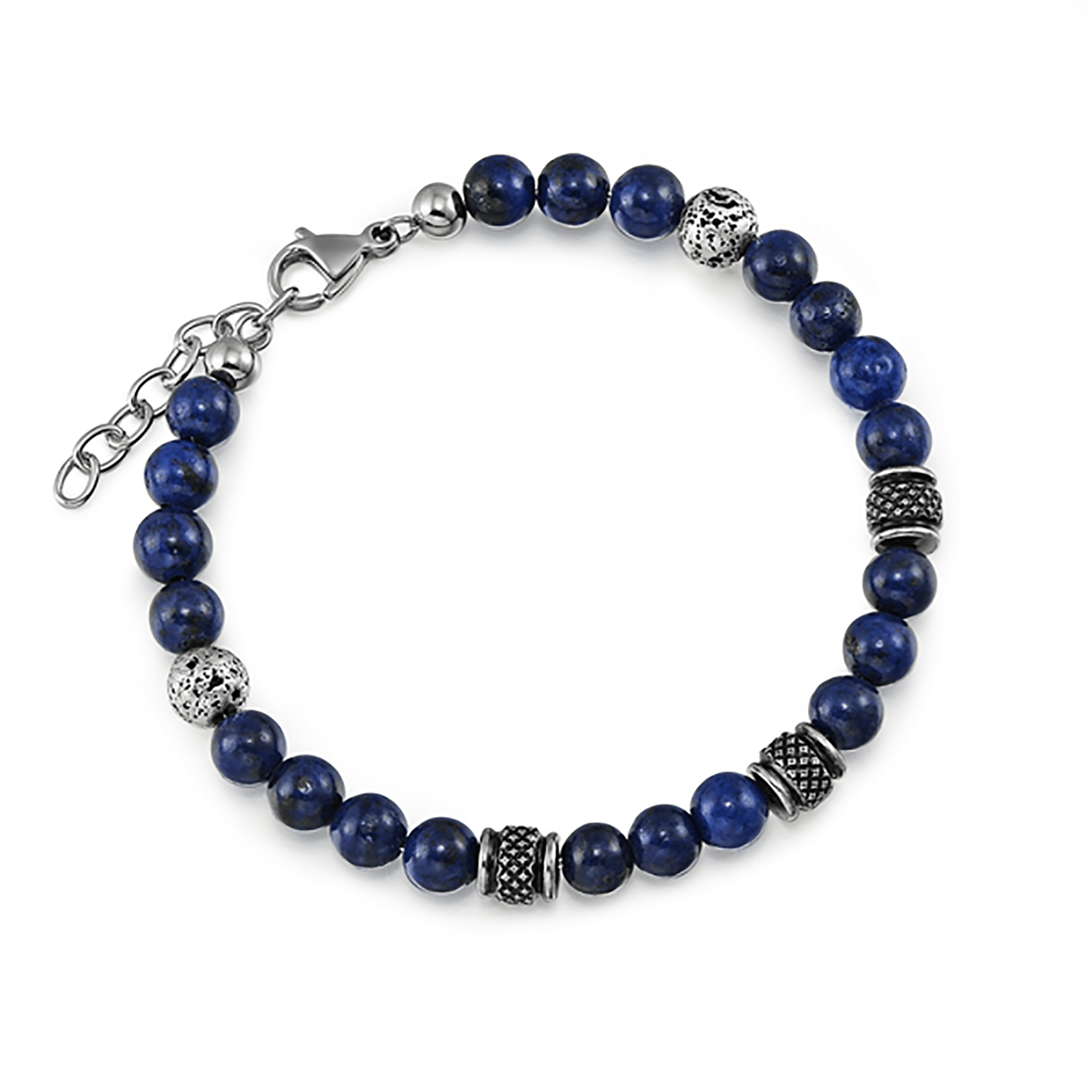 Bracelet perles en acier inoxydable plaqué Argent assemblé de lapis - lazuli et pierre de lave - Maison Di Giorgio