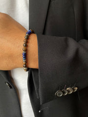 Bracelet perles en acier inoxydable plaqué argent et assemblé de bronze gris et lapis - lazuli - Maison Di Giorgio