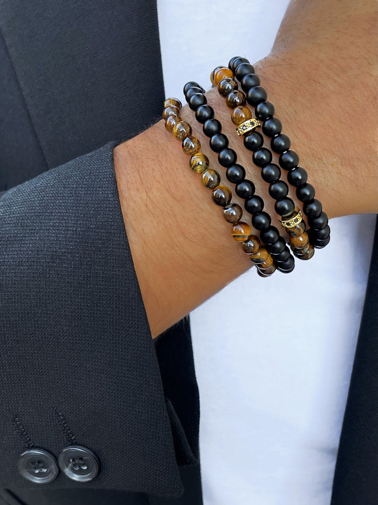 Bracelet perles doré Or jaune 18k assemblé de Pierre mate et Oeil de tigre - Maison Di Giorgio
