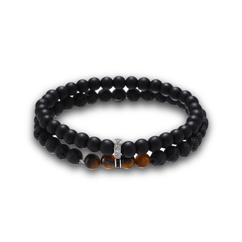 Bracelet perles assemblé de Pierre mate, d'Oeil de tigre, plaqué Rhodium - Maison Di Giorgio