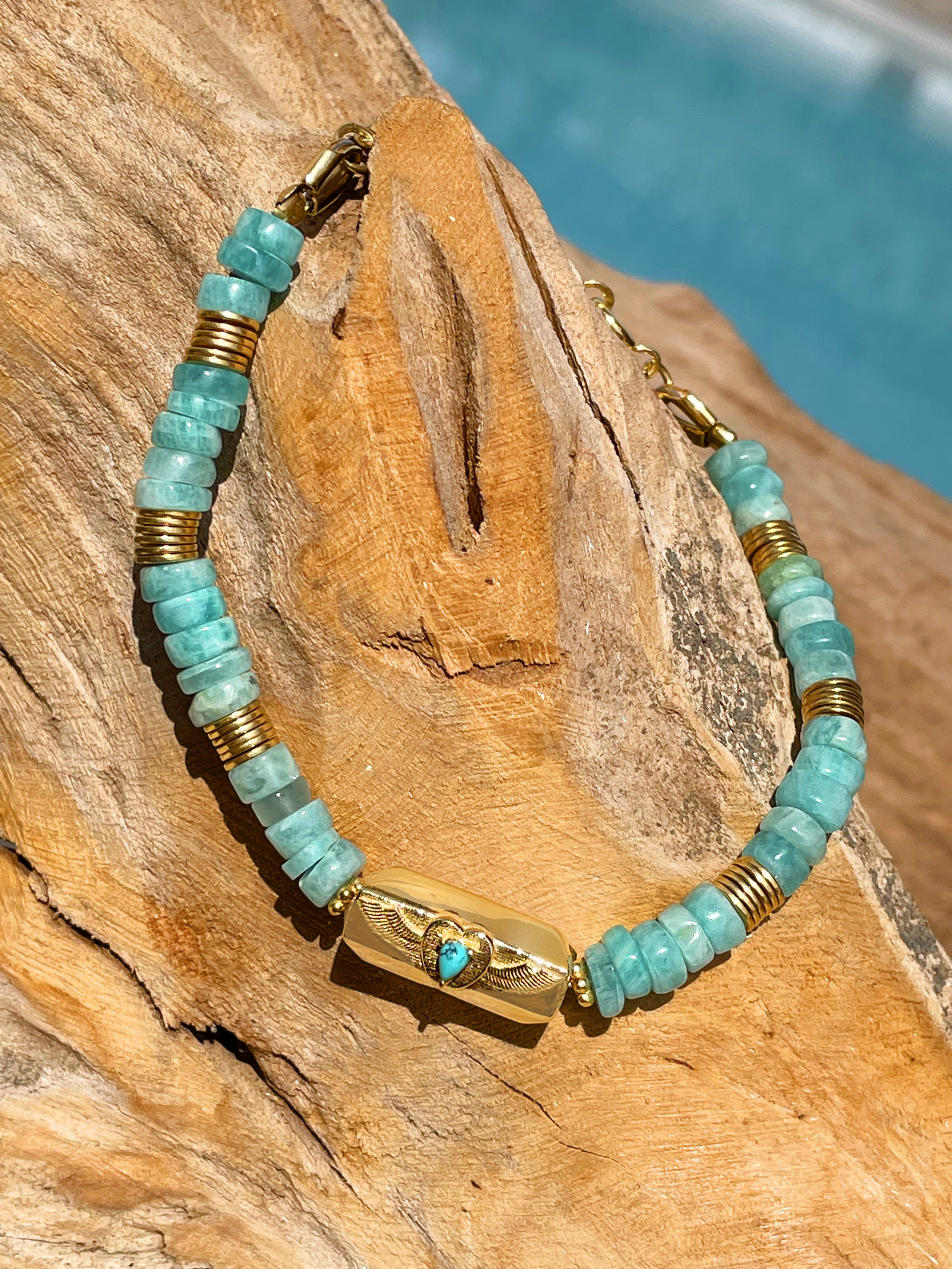 Bracelet doré Or jaune 18k assemblé d'Amazonite et Turquoise