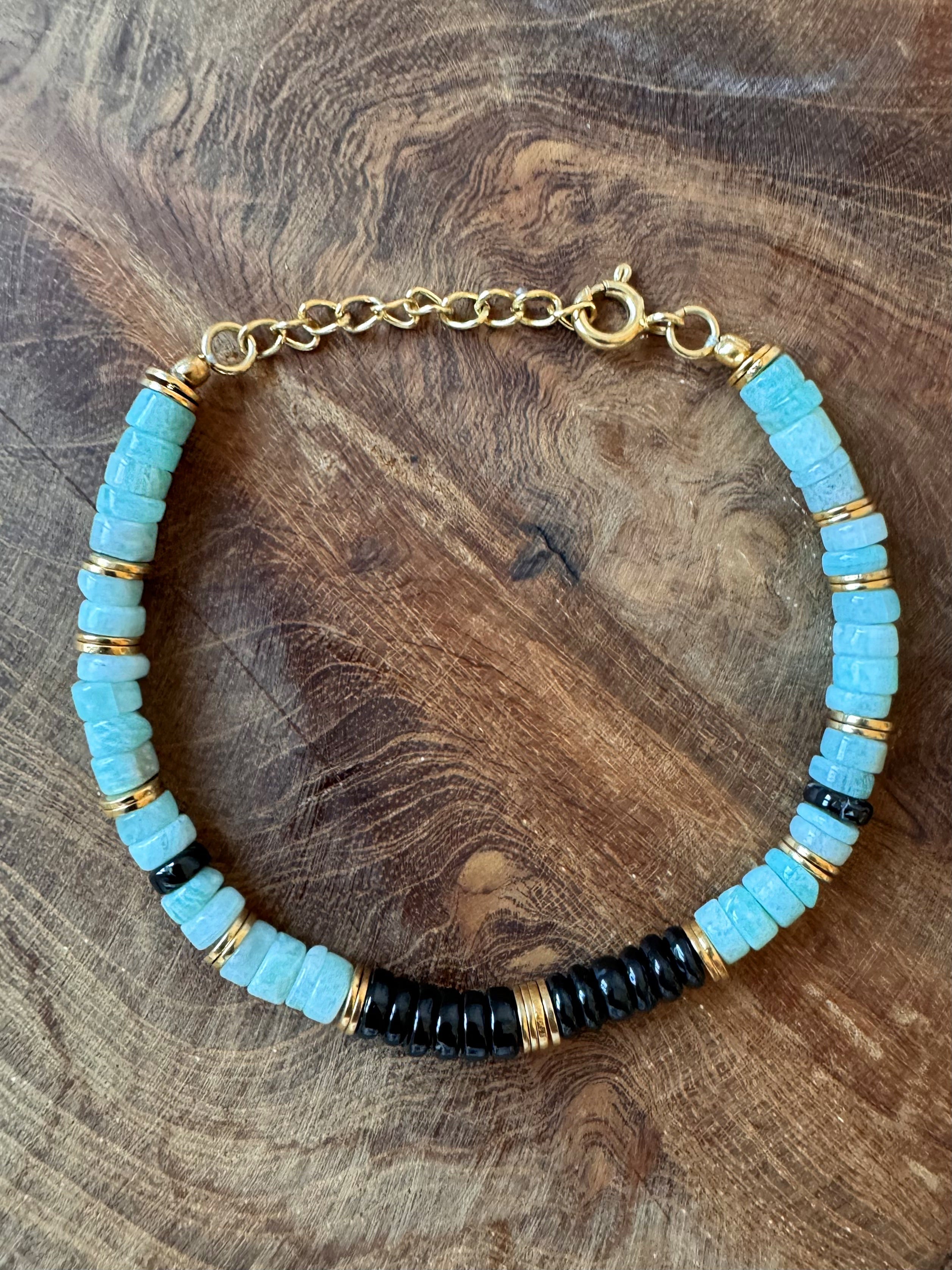 Bracelet perles doré Or jaune 18k, Amazonite, Spinelle noire - Maison Di Giorgio