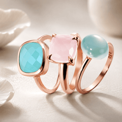 Trio de bagues - Argent 925 doré Or rose 18k, Calcédoines - Maison Di Giorgio