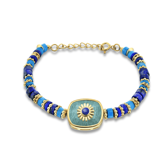 Bracelet perles doré Or jaune 18k, Lapis-lazuli et Amazonite - Maison Di Giorgio