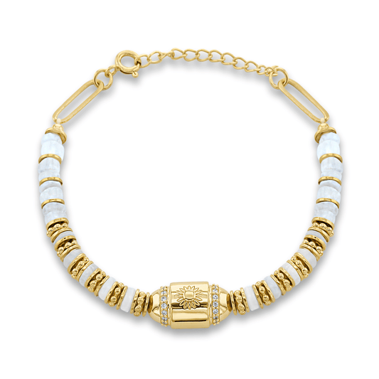 Bracelet perles doré Or jaune 18k, Pierre de lune et Oxyde de zirconium - Maison Di Giorgio